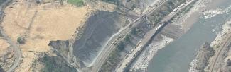 Aerial view of landslide blocking road